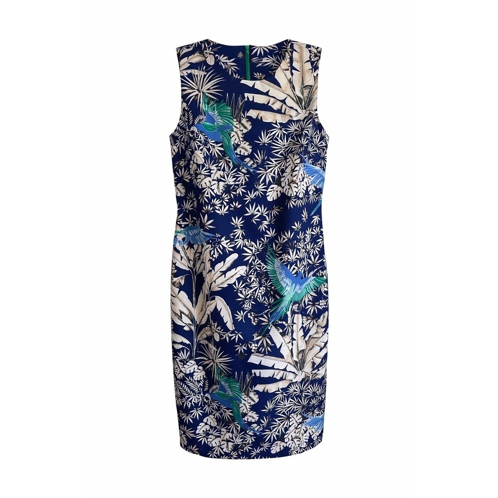 J.McLaughlin Navy Tropical Bird Print Stretch Sheath Dress Size 4 Resort